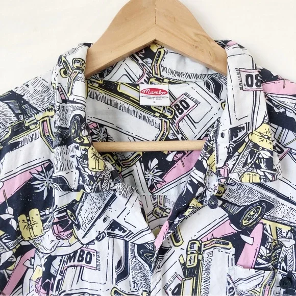 MAMBO Mens Size L Black White Cotton Button Down Short Sleeve Shirt Quirky Beach - Picture 4 of 10